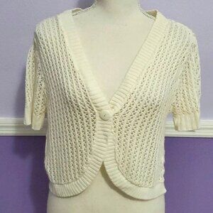 Caren Sports White Boho Y2K Romantic Open Knit Single Button Micro Cardigan
